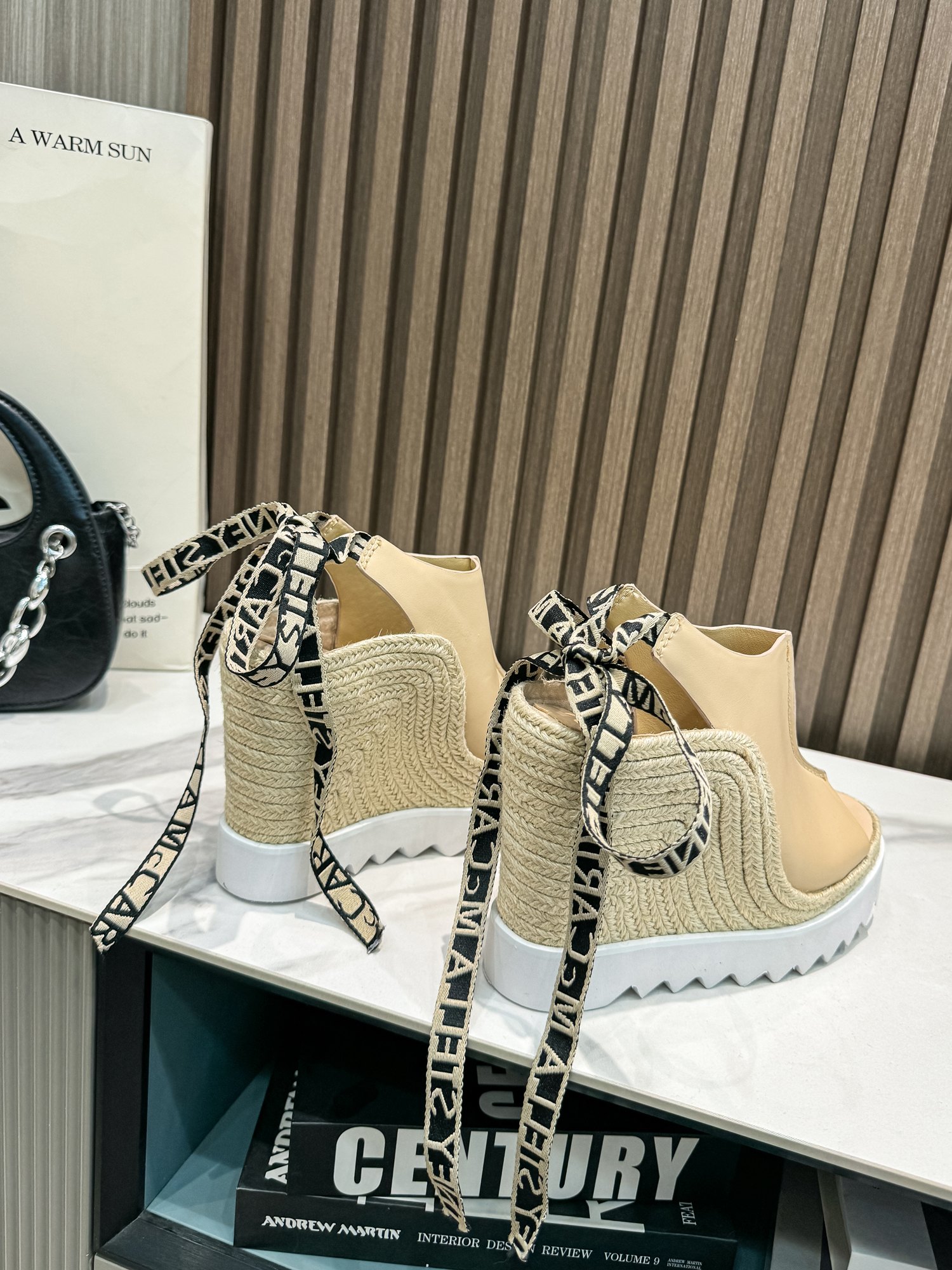Stella McCartney Espadrille Wedge Sandals with Ribbon Tie in Beige Leather 4 a1712393206188 0180