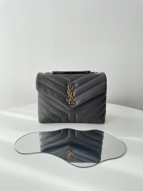 Saint Laurent Loulou Gray Leather Shoulder Bag with Gold Hardware and Chain Strap 1 Saint Laurent Loulou Gray Leather Shoulder Bag with Gold Hardware and Chain Strap