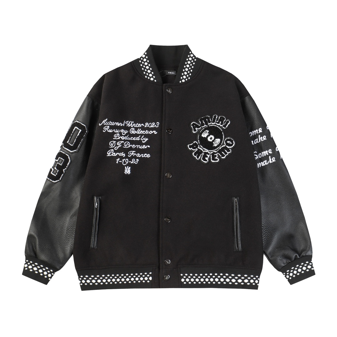 Stylish Amiri2024s Kiltoat Jacket with Towel Embroidery and Golden Zipper Pocket.