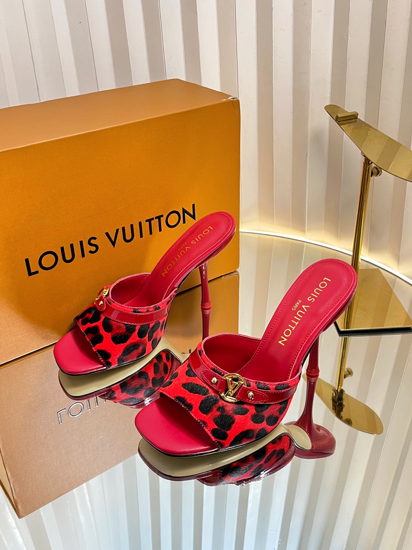 Louis Vuitton Women's Red and Leopard Print Heeled Mules - Size 35 to 42 3 i1750632086154 9865 0 1