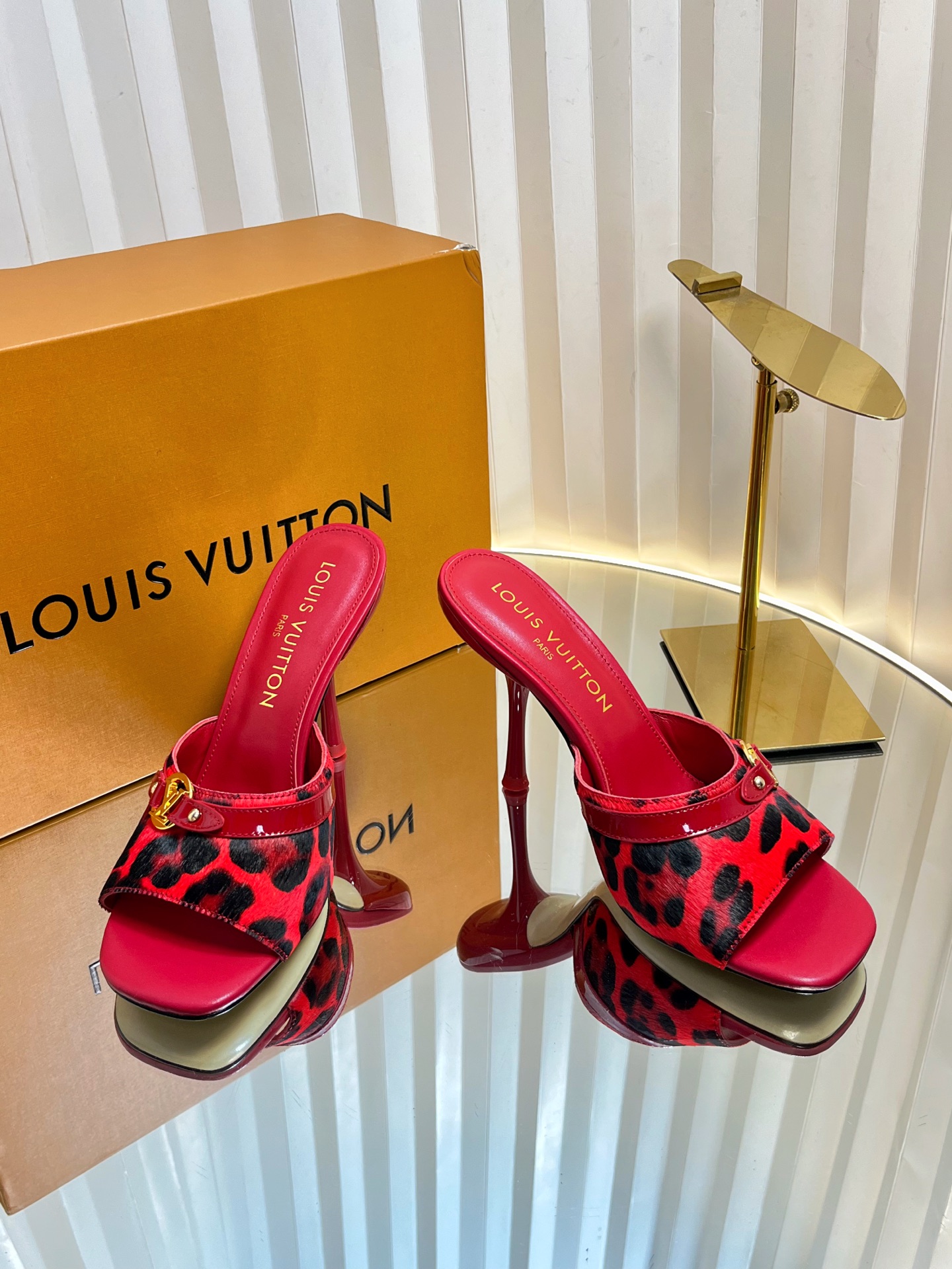 Louis Vuitton Women's Red and Leopard Print Heeled Mules - Size 35 to 42 4 i1750632087333 2217 0 2