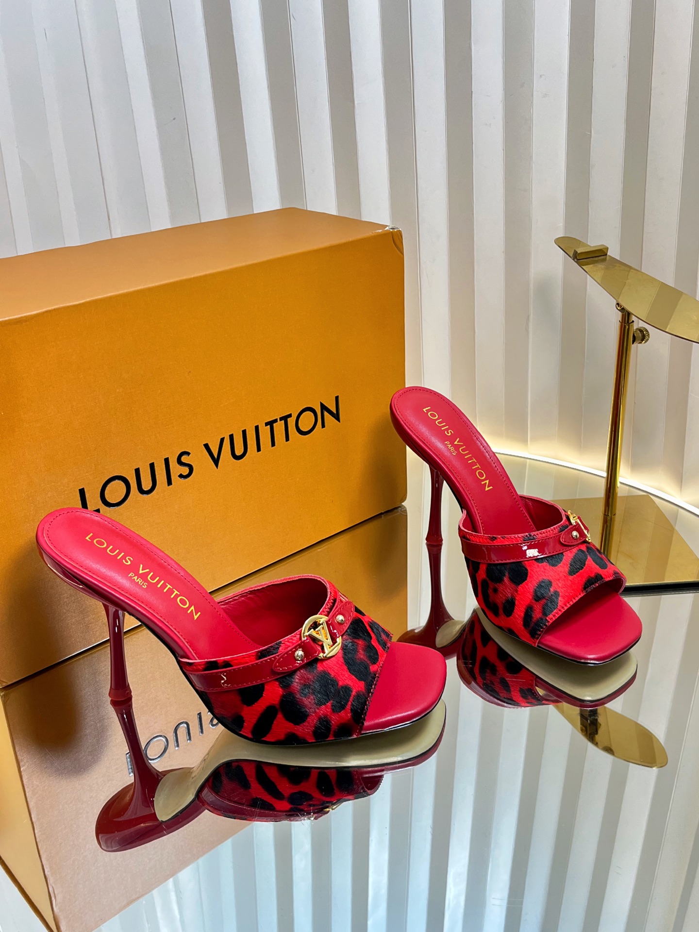 Louis Vuitton Women's Red and Leopard Print Heeled Mules - Size 35 to 42 2 i1750632087372 1120 0 0