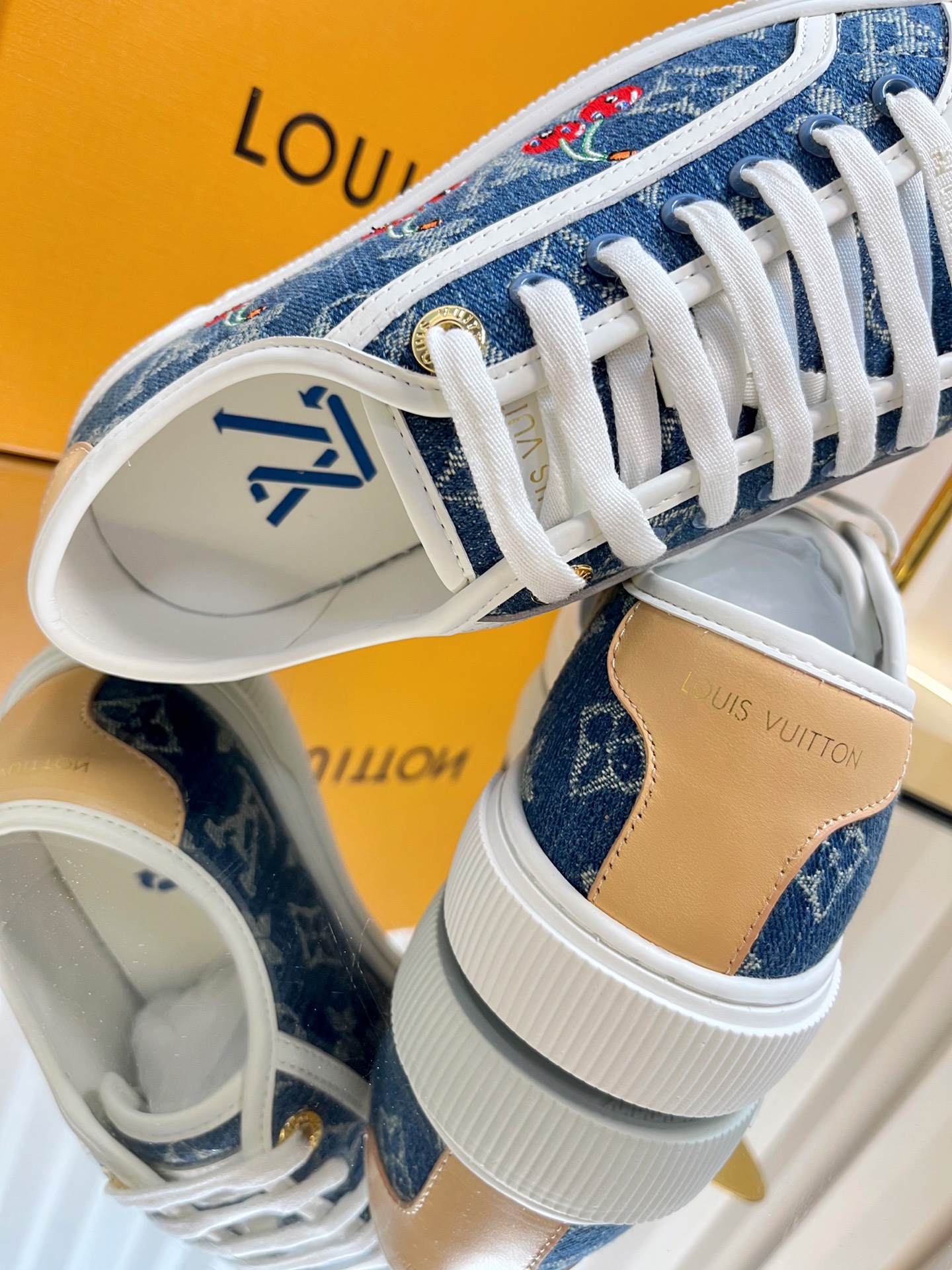 Louis Vuitton Lagoon Denim Sneakers with Cherry Embroidery, Women's Size 35-42 9 i1751463873043 2586 0 7