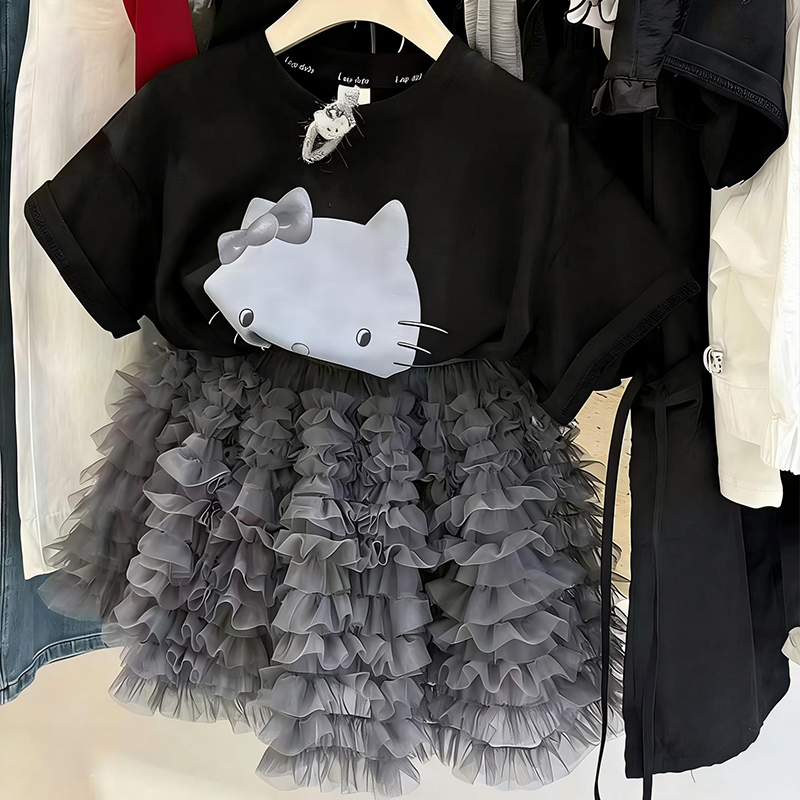 109.9@ one set running volume ✅Sweet essential! KT cat tutu skirt set 110-170 sizes 🖤 Cool black-gray style | Sweet-co…