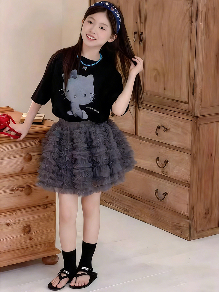 109.9@ one set running volume ✅Sweet essential! KT cat tutu skirt set 110-170 sizes 🖤 Black-gray cool style | Korean s…
