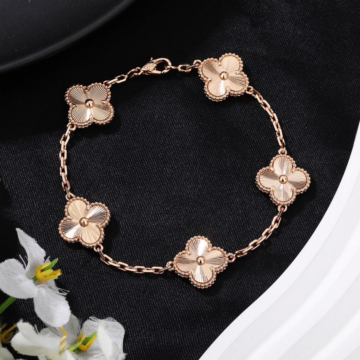 Van Cleef Arpels Vintage Alhambra bracelet Rose gold with guilloche engraved clover motifs no gemstones 18cm