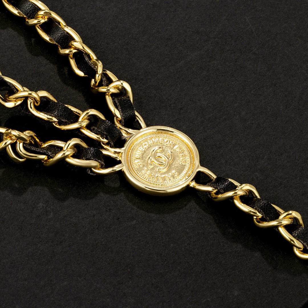 Chrome Hearts 小香新款腰链 穿皮珍珠腰带 重手工 Ch@nel 链条字母黑皮腰链