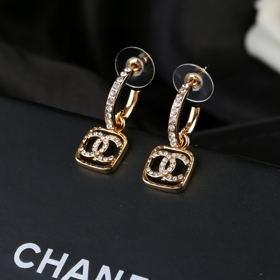 Chanel CC Square Crystal Drop Hoop Earrings earrings gold-tone metal with clear crystal accents 1 5cm drop length