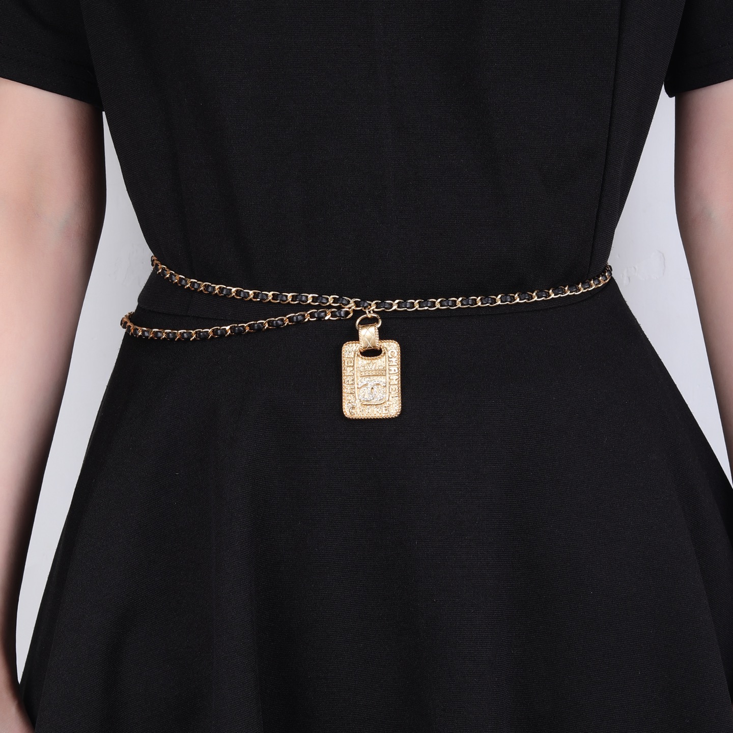 Chanel Goose series necklace gold-tone metal with black leather woven chain clear crystal accents on gold-tone pendant 80cm
