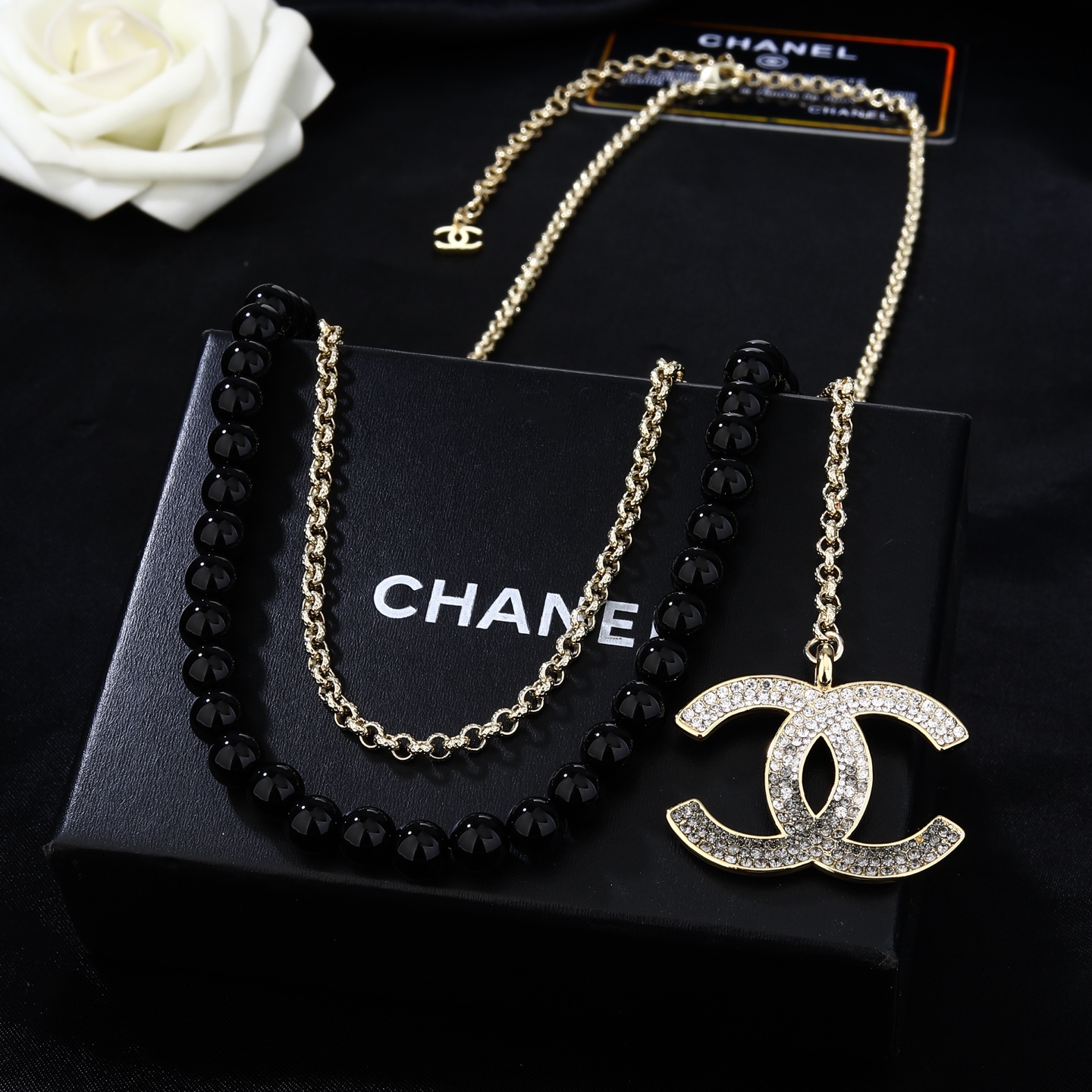 Chanel CC Double Strand Black Bead Necklace necklace Gold-tone metal black beads clear and black gradient crystals 80cm