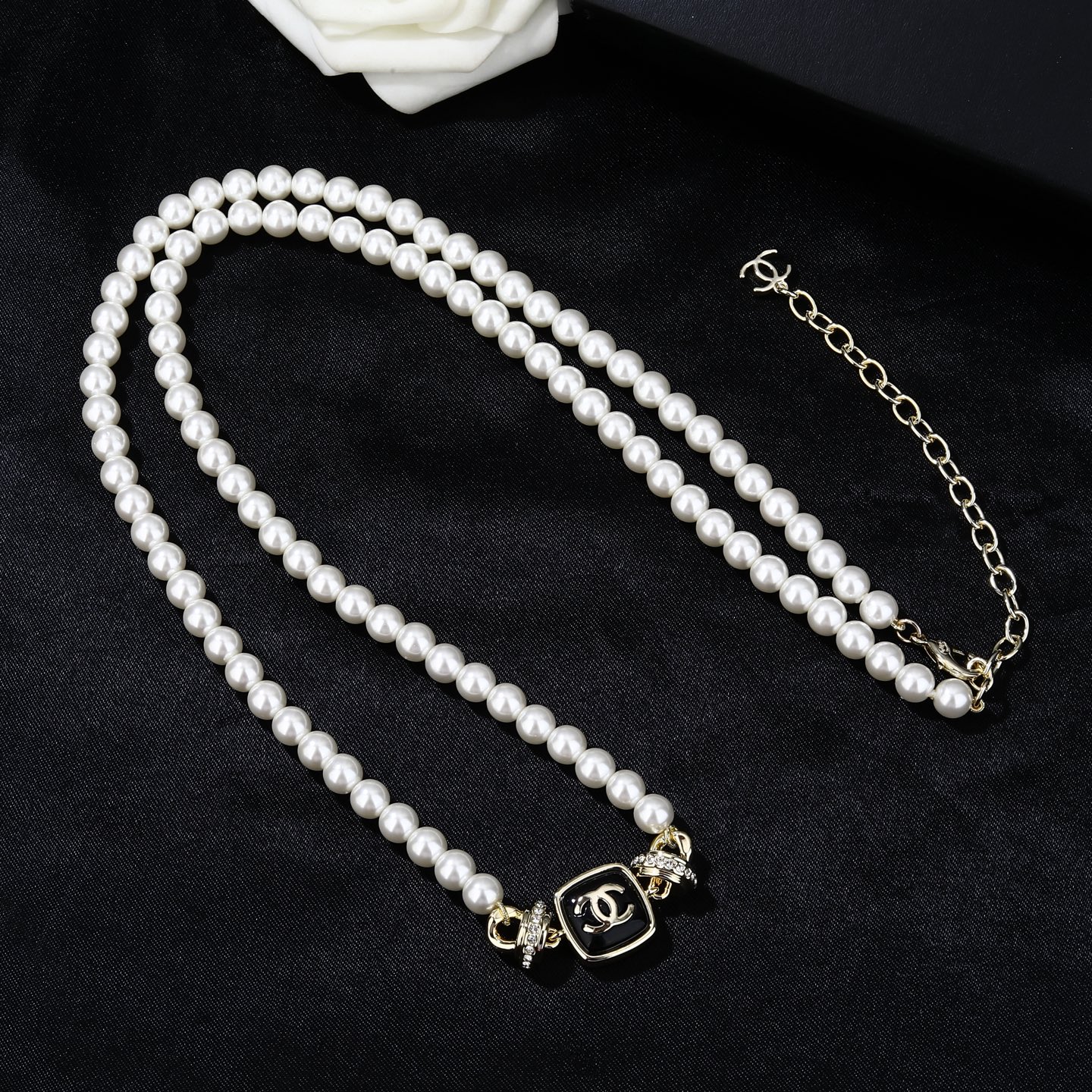 Chanel Goose Square CC Pearl Necklace necklace Gold-tone metal white faux pearls black enamel clear crystals 42cm with 5cm extender chain