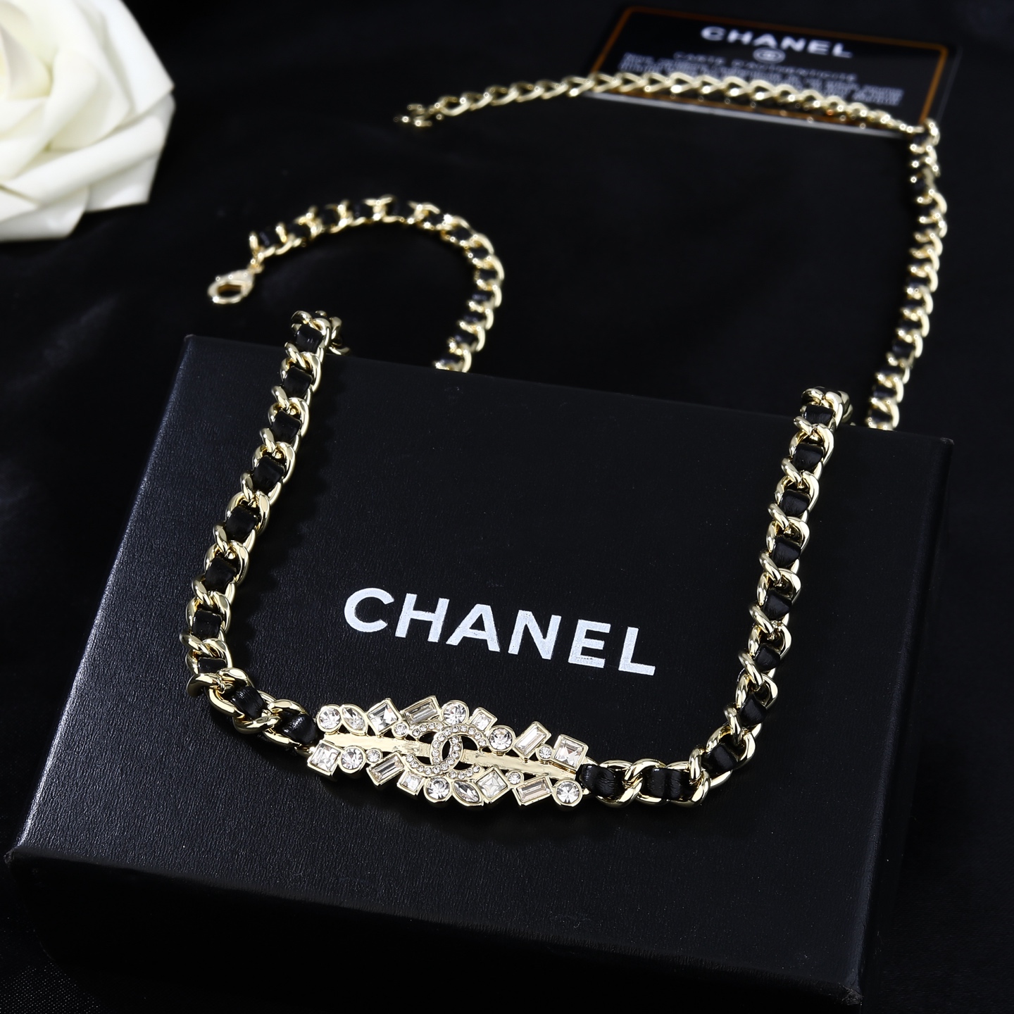 Chanel Goose series crystal CC chain waist chain necklace gold tone metal black leather clear crystal 80cm adjustable