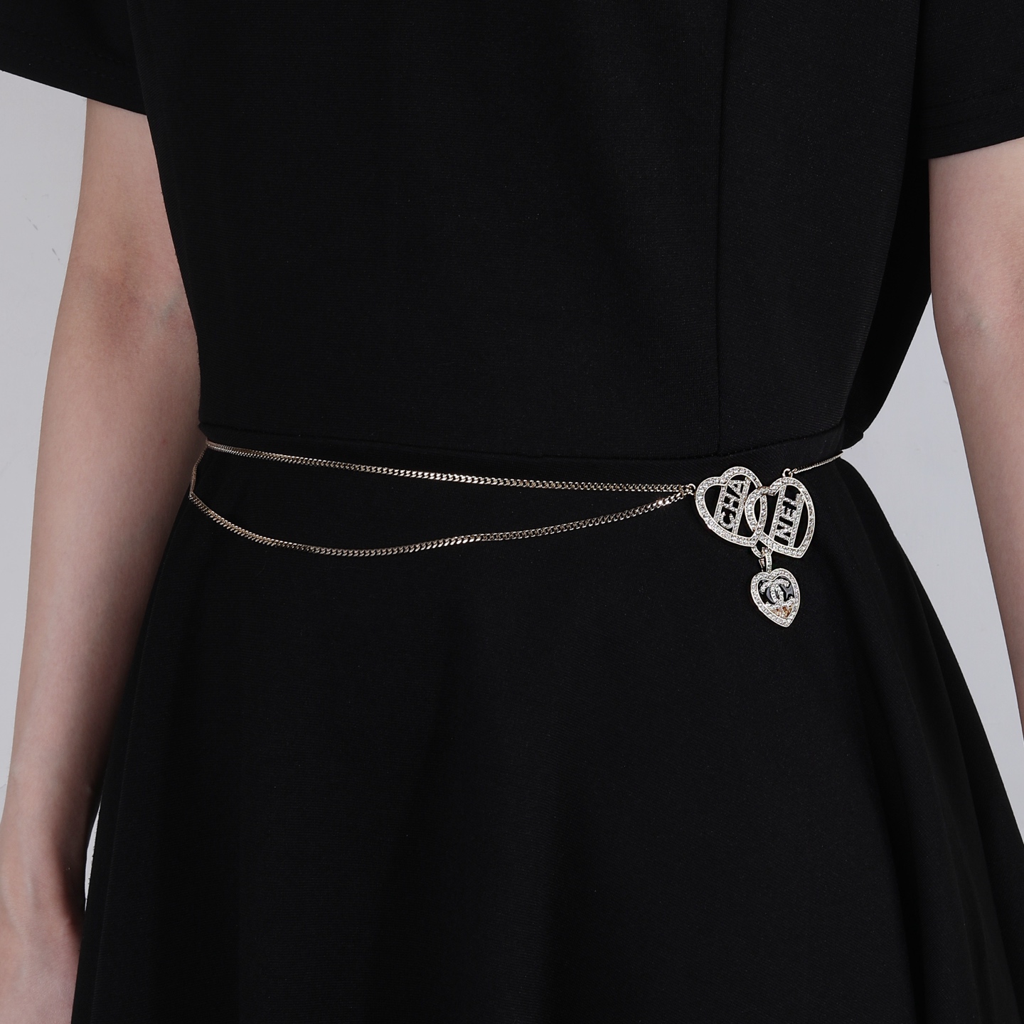 Chanel Goose Heart Logo Letter Waist Chain necklace light gold metal with clear crystal rhinestones 80cm with 15cm extension