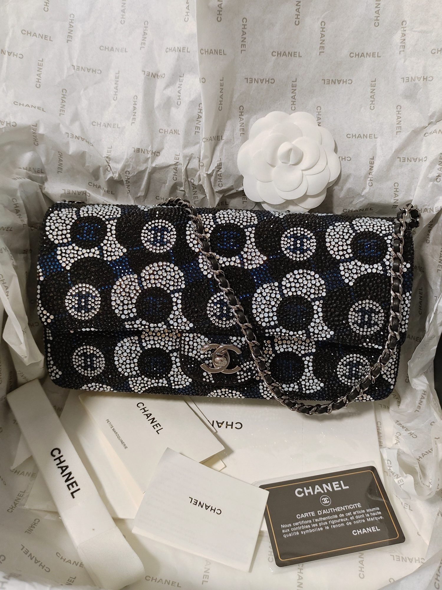 Handmade small fragrance Chanel 23k high-end handicraft workshop armpit bag/evening bag diamond blue 26cm