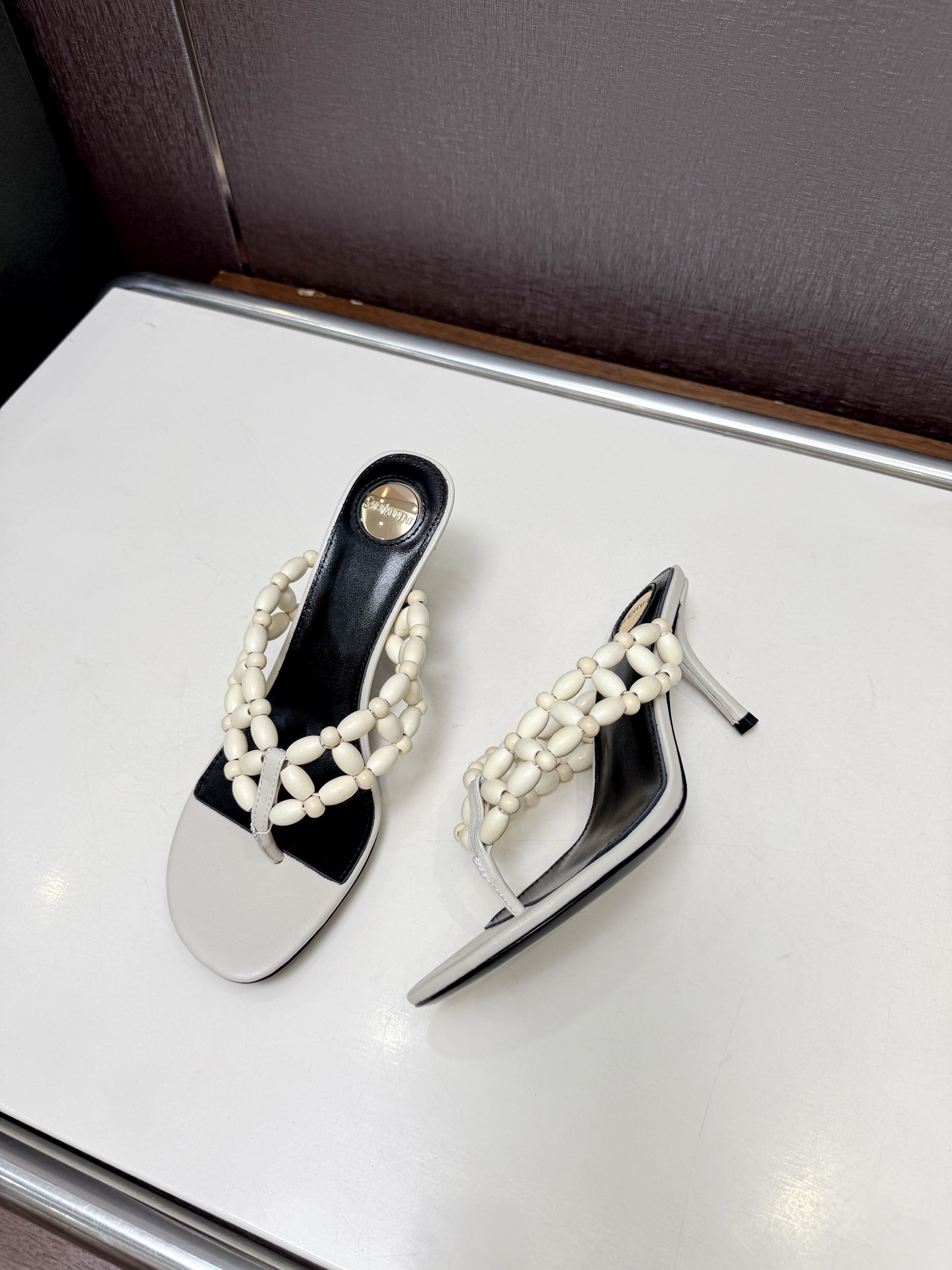 YSL Off White Beaded Thong Heel Slides