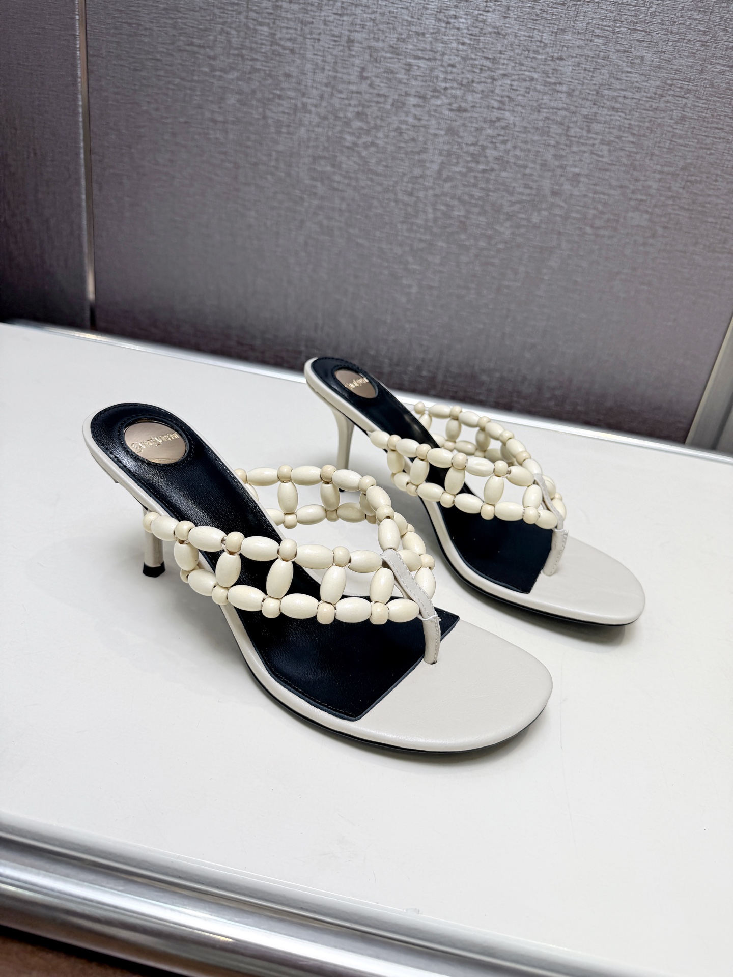 YSL Off White Beaded Thong Heel Slides