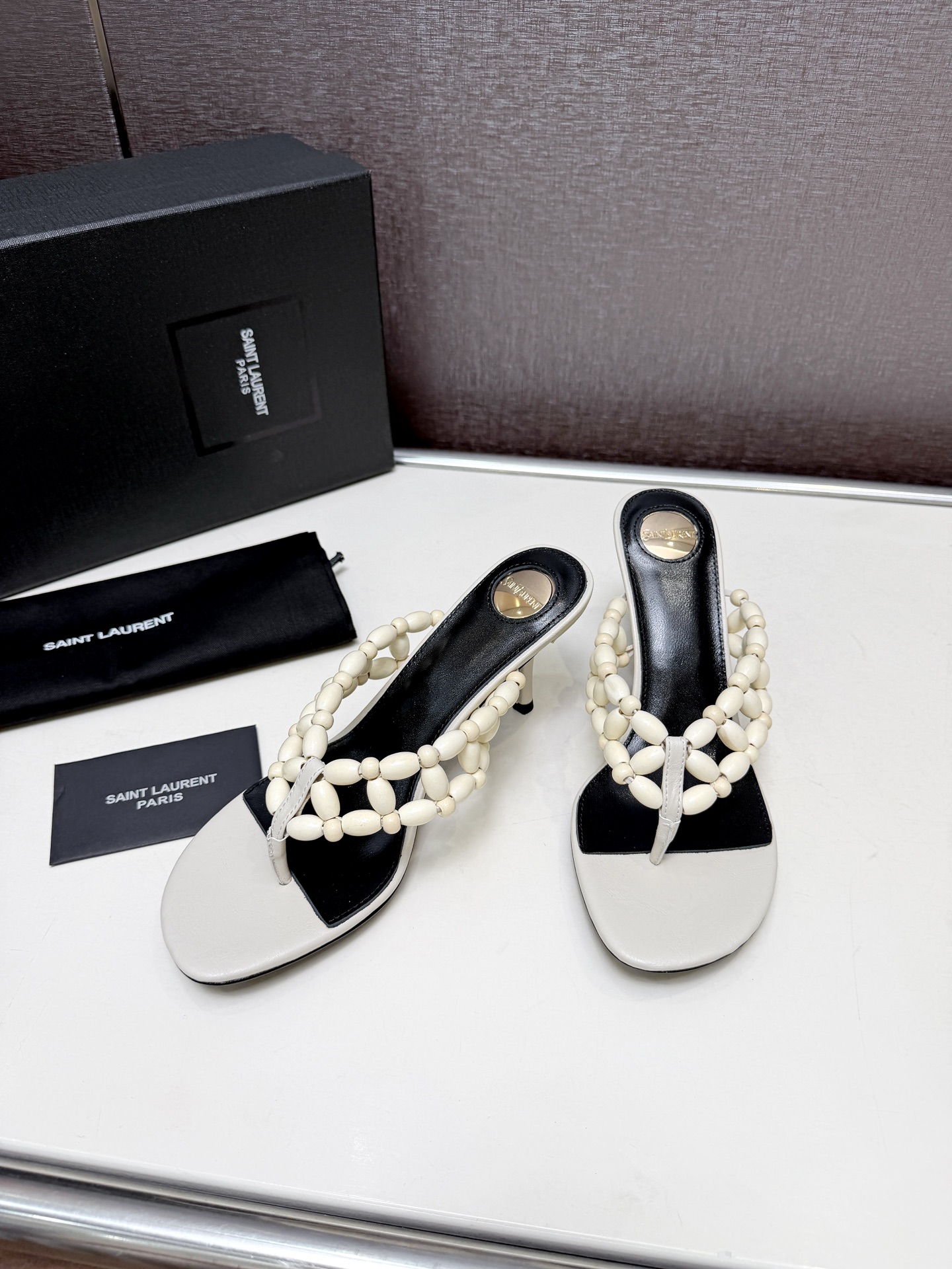 YSL Off White Beaded Thong Heel Slides