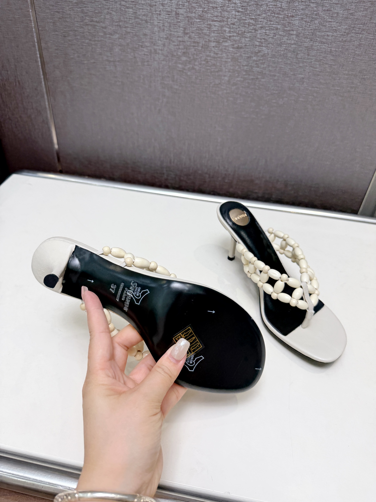 YSL Off White Beaded Thong Heel Slides