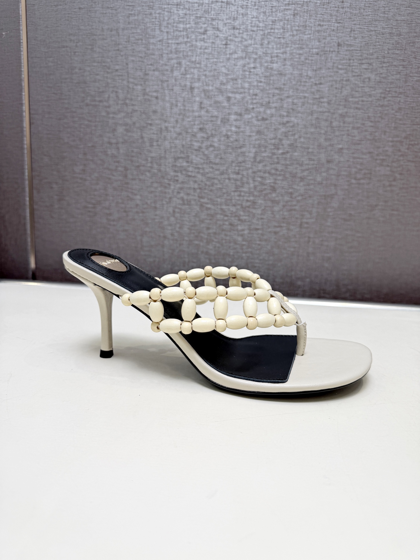 YSL Off White Beaded Thong Heel Slides