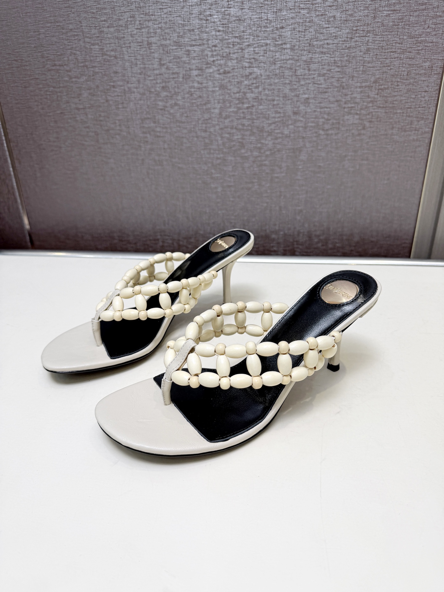 YSL Off White Beaded Thong Heel Slides
