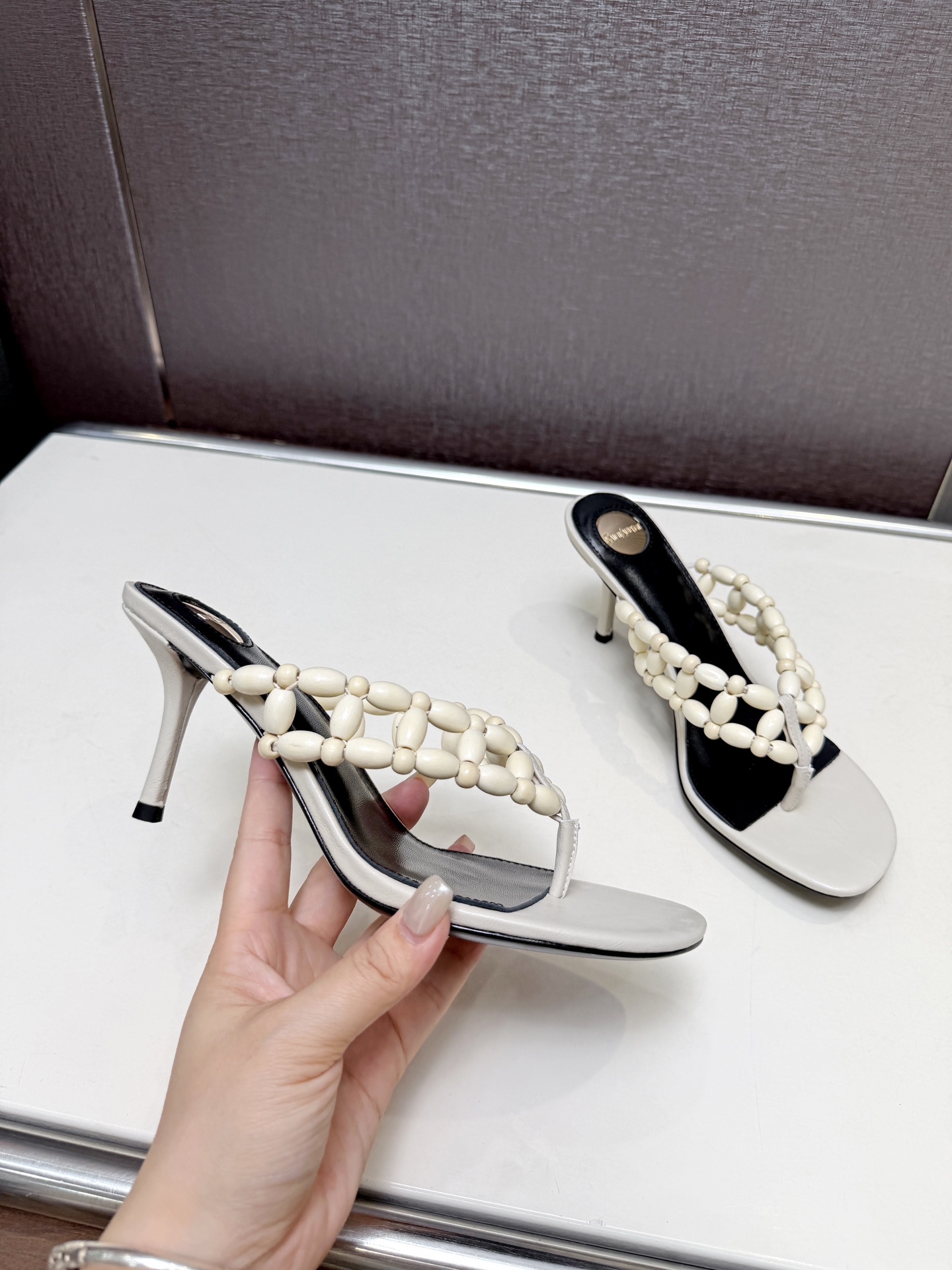 YSL Off White Beaded Thong Heel Slides
