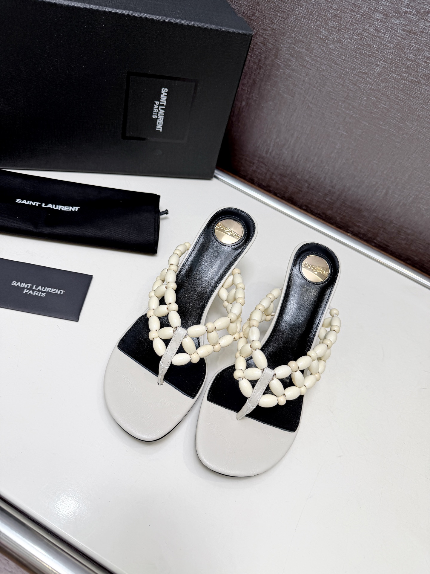 YSL Off White Beaded Thong Heel Slides