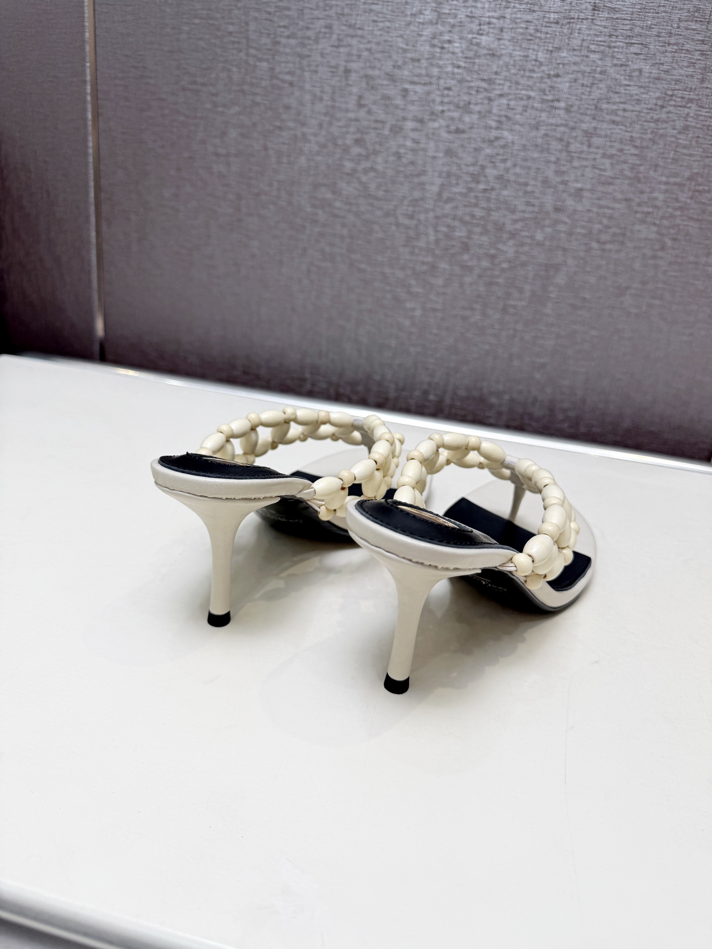YSL Off White Beaded Thong Heel Slides