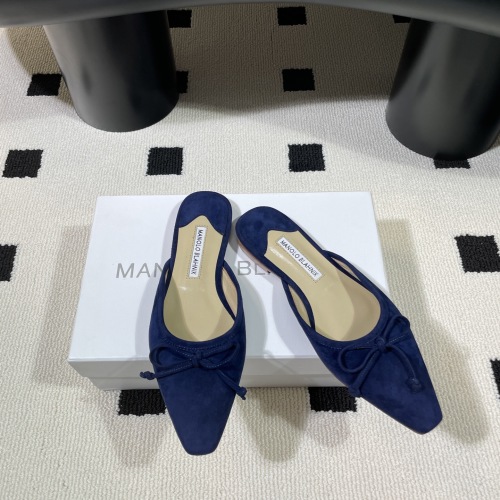 Manolo Blahnik Women's Blue Suede Pointed-Toe Mules with Bow Detail 1 Manolo Blahnik Women's Blue Suede Pointed-Toe Mules with Bow Detail