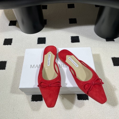 Manolo Blahnik Red Suede Mules with Bow Detail - Fashionable and Elegant