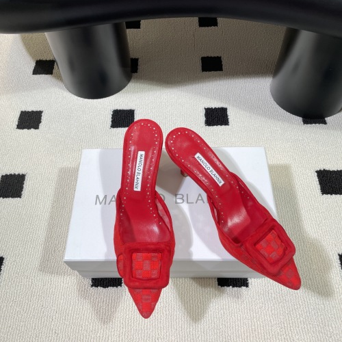 Manolo Blahnik Red Mesh Mules with Square Buckle - Chic Pointed Toe Heels