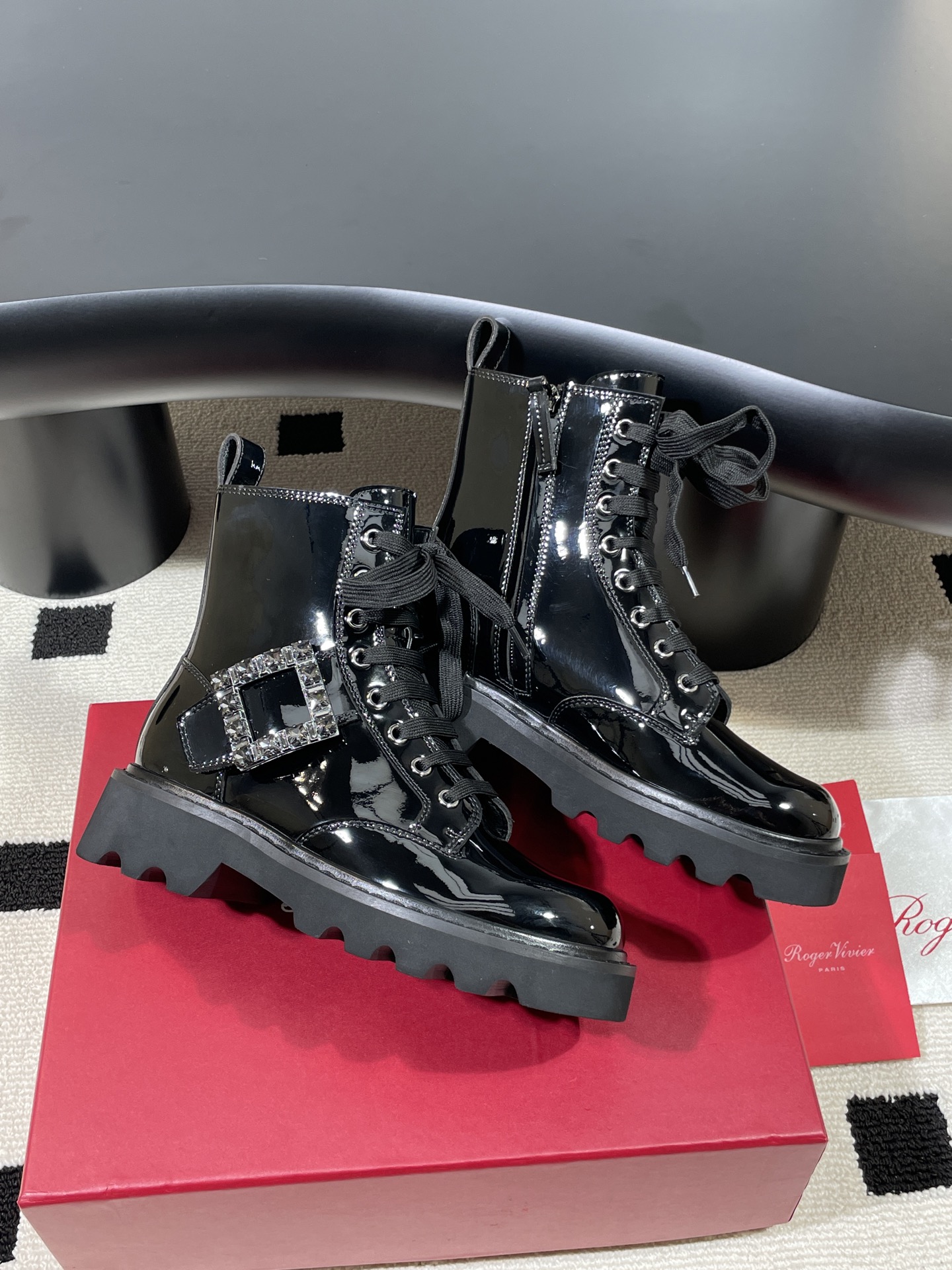 Roger Vivier Women's Black Leather Ankle Boots with Crystal Buckle