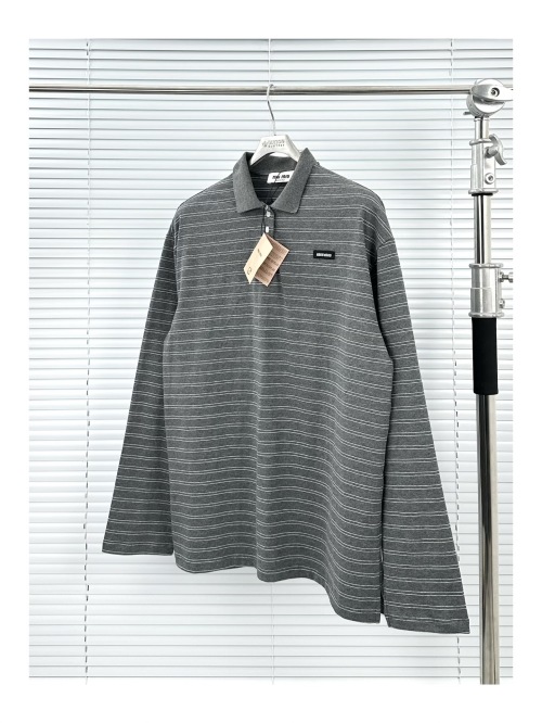 Miu Miu Striped Polo Long Sleeve Shirt, Logo Patch, Gray, S-XL 1 Miu Miu Striped Polo Long Sleeve Shirt, Logo Patch, Gray, S-XL