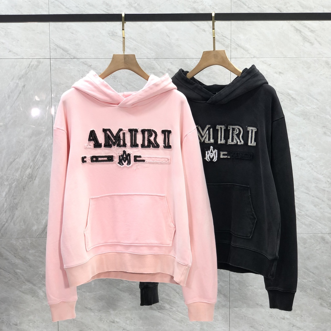 Amiri Clothing Hoodies Black Pink Embroidery Cotton Hooded Top
