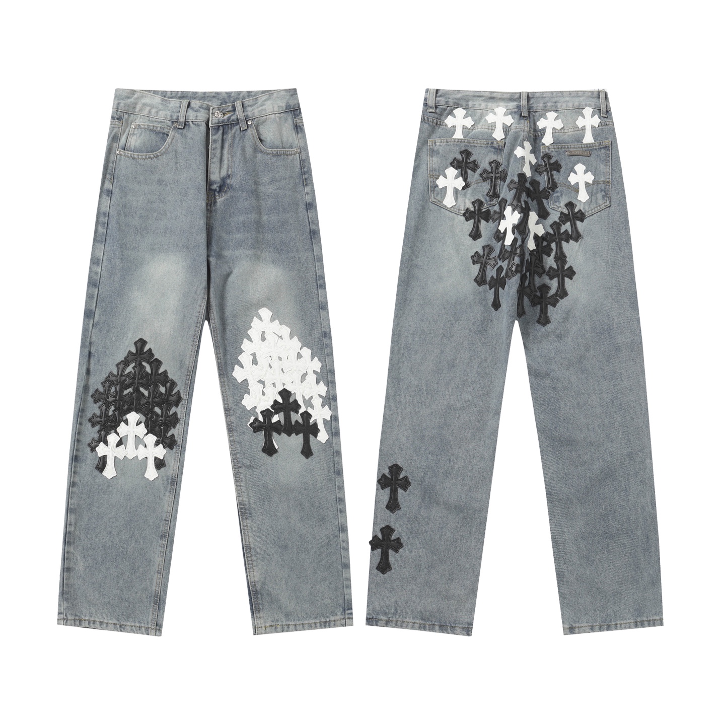 Chrome Hearts Jeans Patched Cross Denim Pants, Black and White, Size 28-36