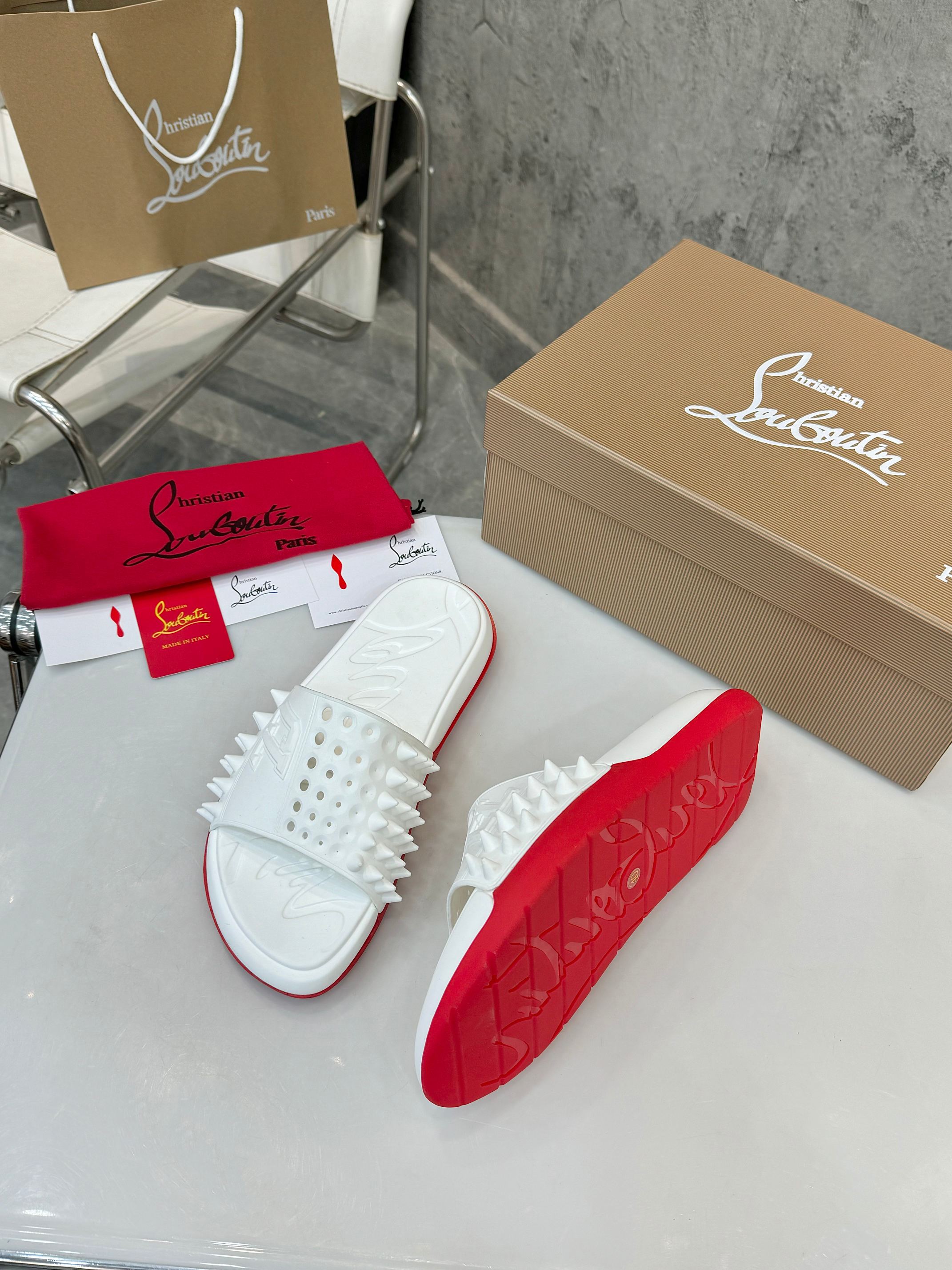 Christian Louboutin Men's White Spike Detail Open Toe Beach Slides 8 a1737527008746 2653