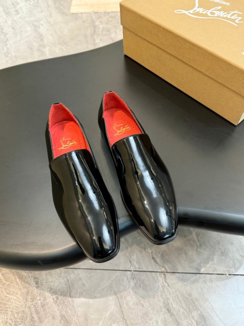 Christian Louboutin Men's Black Leather Loafers with Signature Red Sole