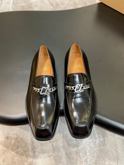 Christian Louboutin Men's Black Leather Loafers with Silver Chain Detail 1 Christian Louboutin Men's Black Leather Loafers with Silver Chain Detail