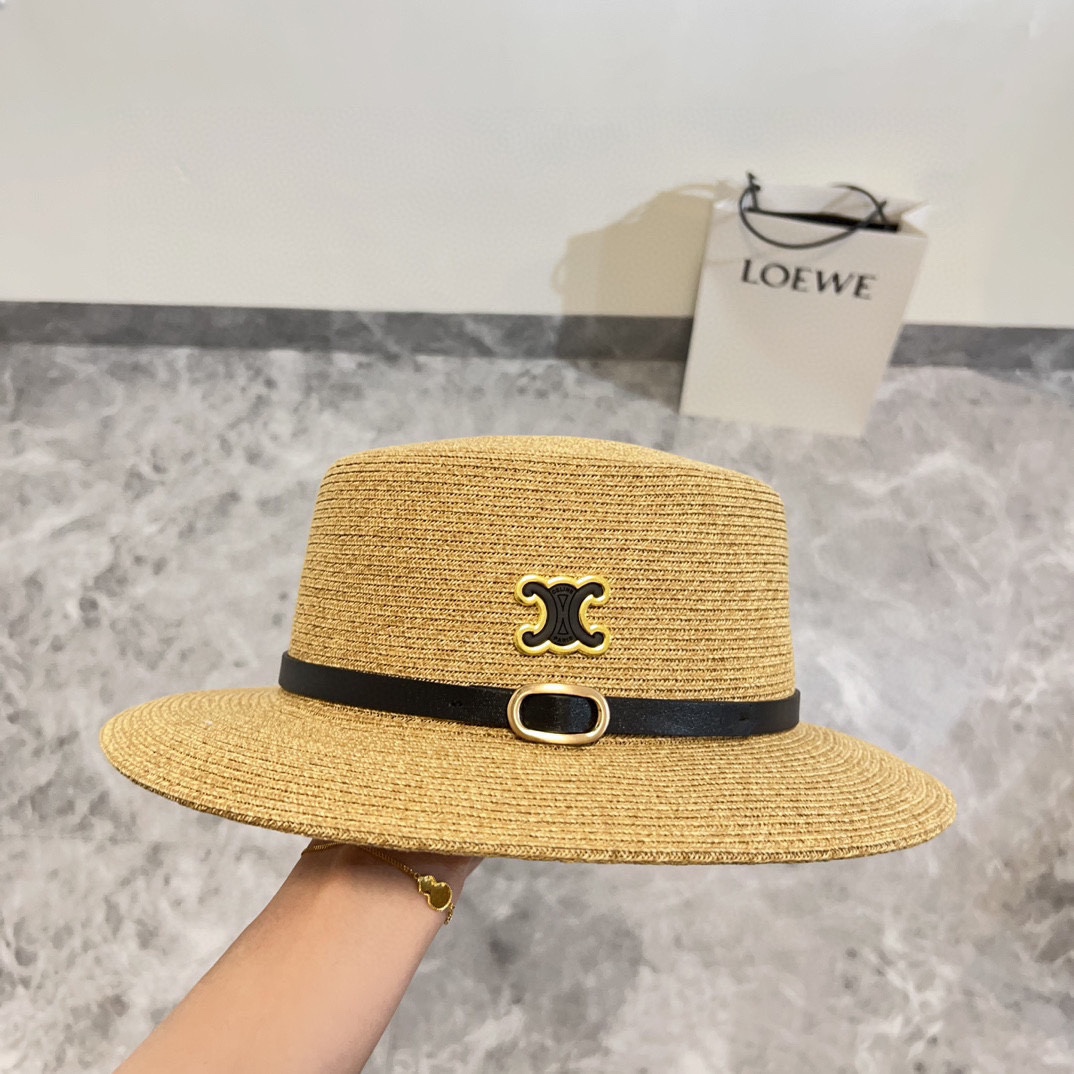 Oferta especial 💛【CELINE Celine】 Sombrero de paja tejido simple de marca nueva 2024, primera opción para la playa en v…