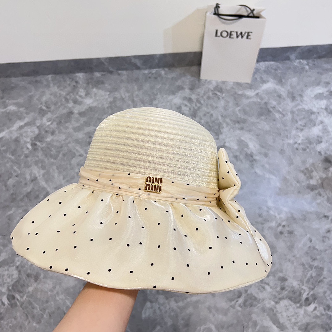 Especial 💛 con bolsa de polvo [MIUMIU Miu Miu] 2024 nuevo sombrero de pescador de ala ancha con lunares, simple y eleg…