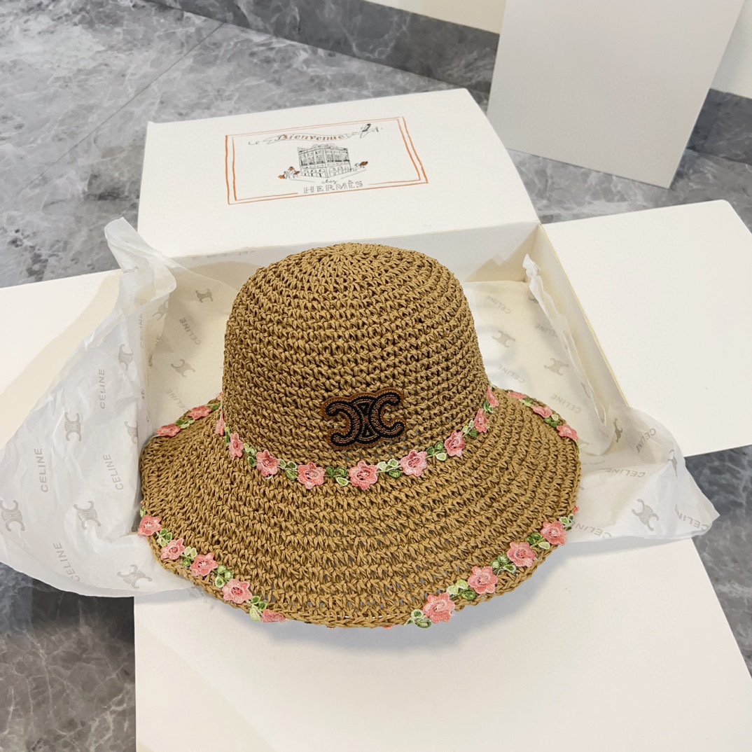 Especial 💛 con bolsa de polvo [CELINE] colección primavera-verano 2024, sombrero de pescador tejido a mano con flores …