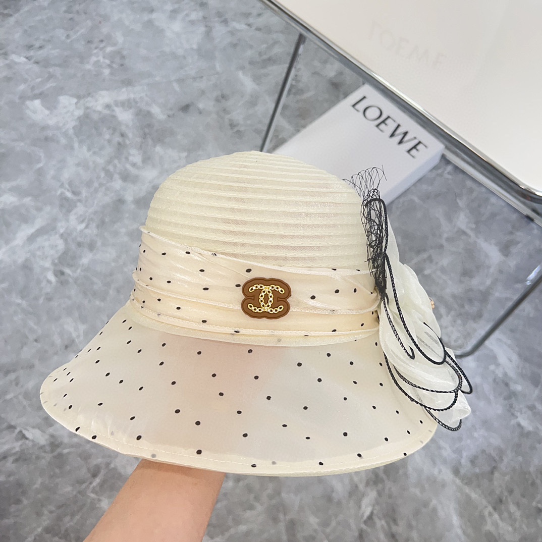 特💛配防尘袋. 【Chanel香奈儿】2024新款欧根沙波点度假风盆帽草帽，出街旅行单品帽子渔夫帽棒球帽针织帽