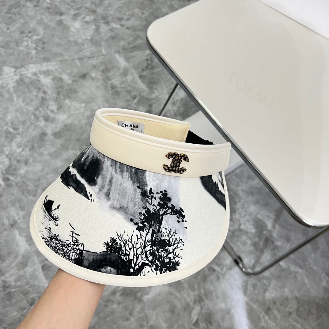 Bolsa de polvo especial 💛 [CHANEL] Gorro de sol de estilo chino moderno con tinta y agua, nuevo verano 2024, sin ala s…