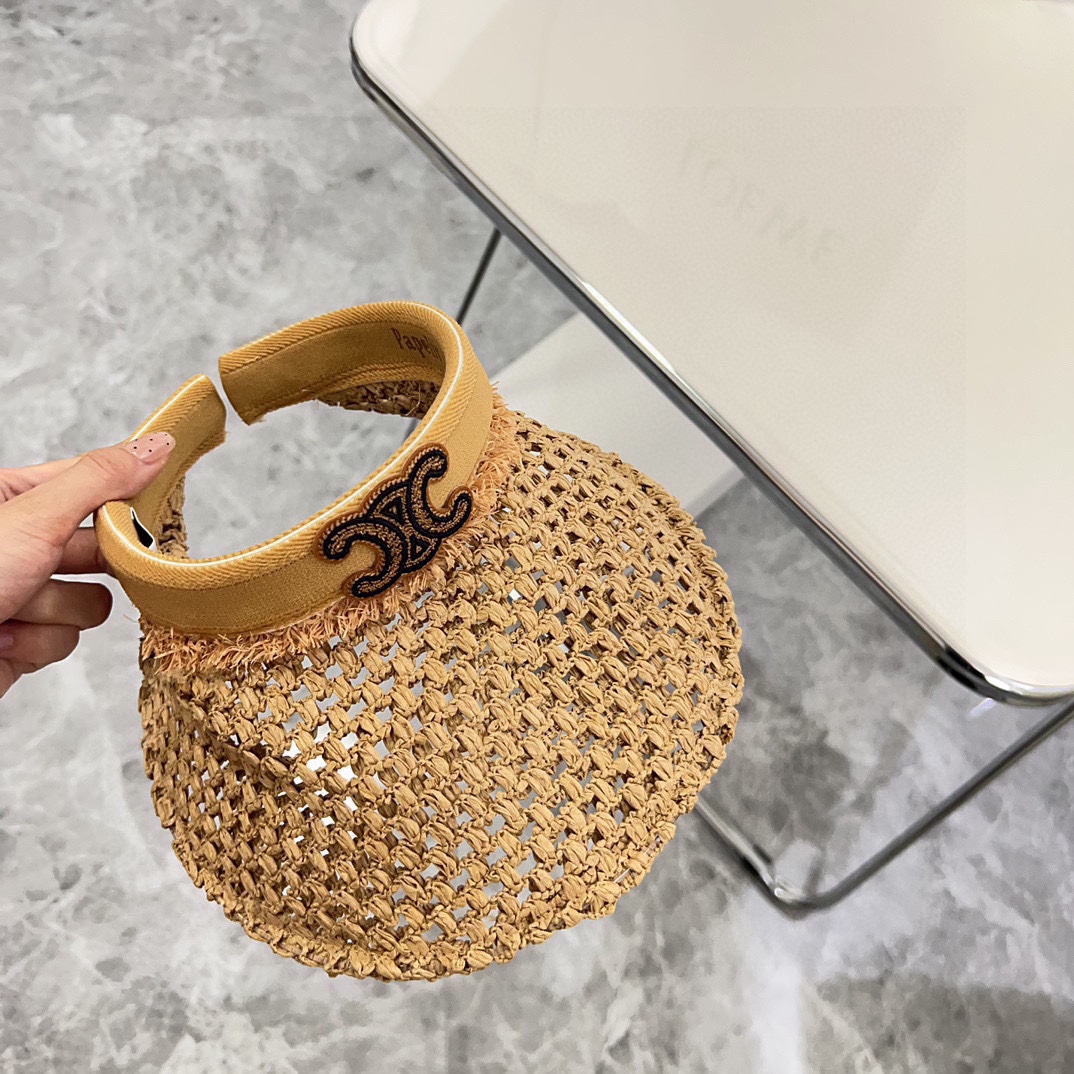Especial 💛 con bolsa de polvo 【CELINE赛琳】2024 nuevo sombrero de paja tejida calada sin copa para protección solar 🔅 es…