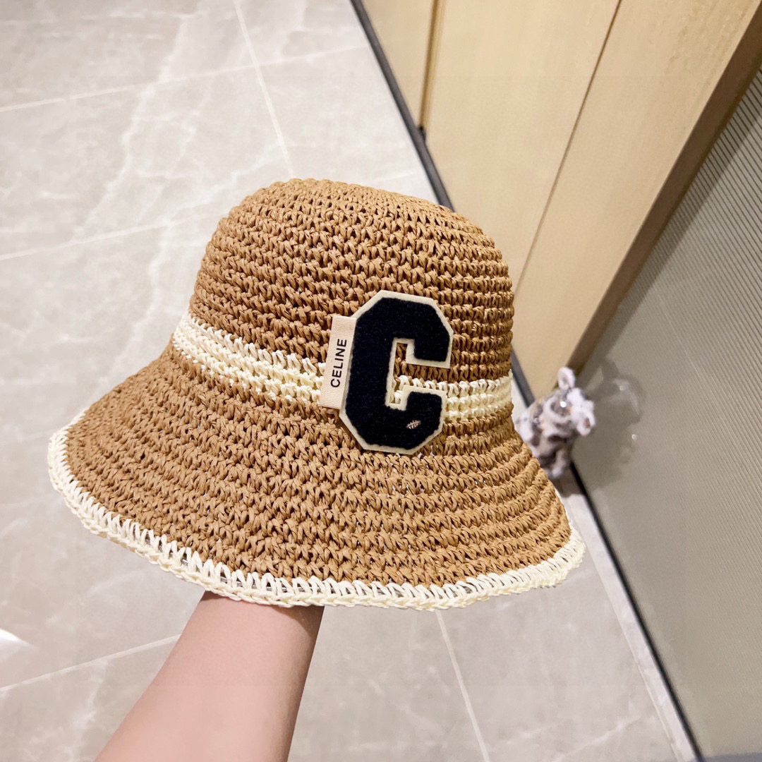 💛配防尘袋【CELINE赛琳】2025新款草编拼色折叠款渔夫帽草帽，度假款超好搭配，赶紧入手！