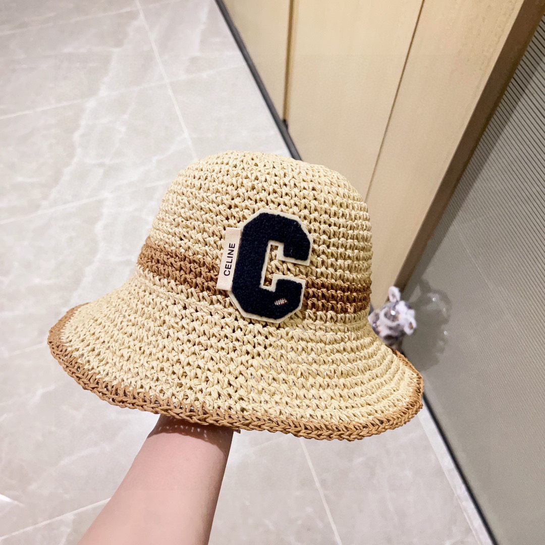 💛配防尘袋【CELINE赛琳】2025新款草编拼色折叠款渔夫帽草帽，度假款超好搭配，赶紧入手！