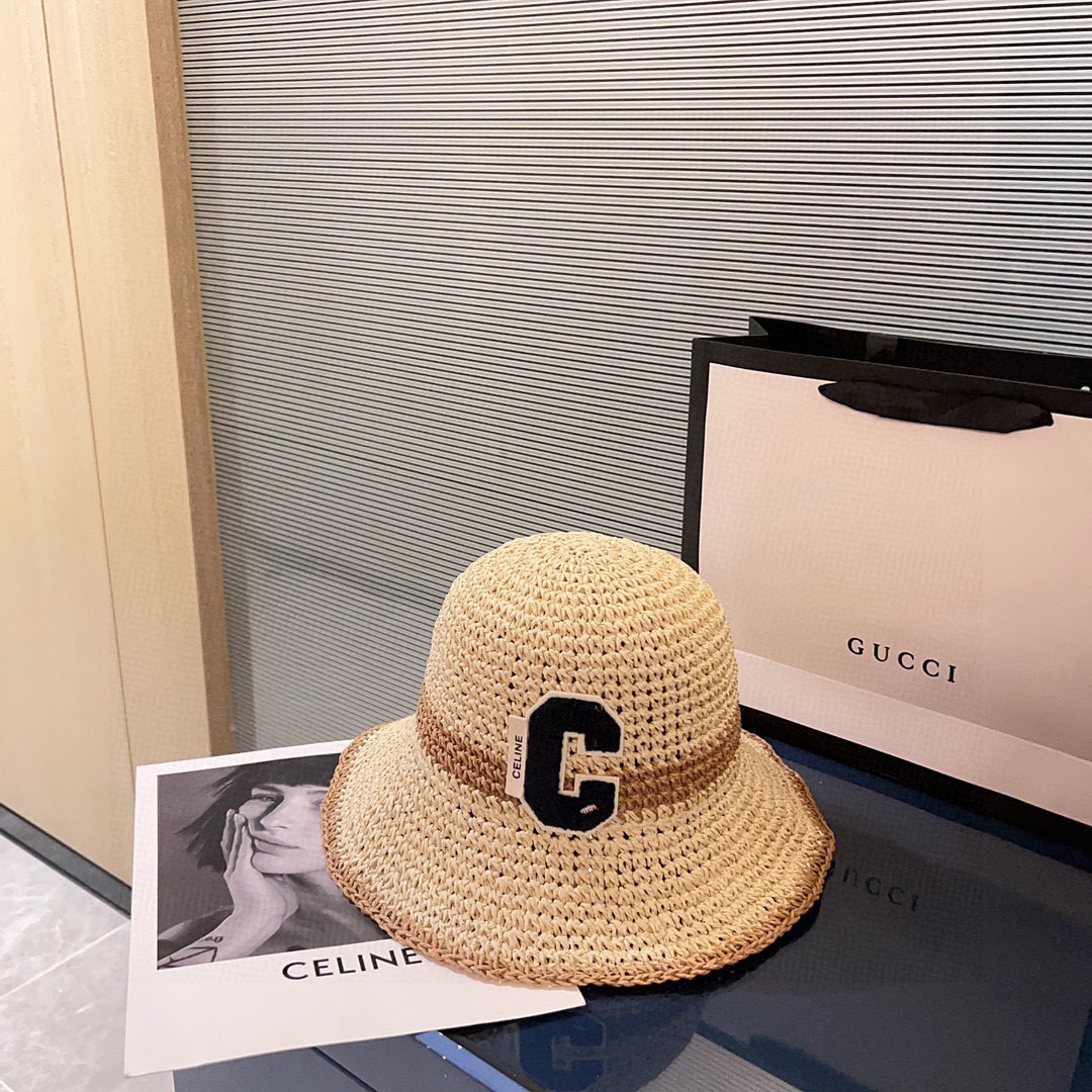 💛配防尘袋【CELINE赛琳】2025新款草编拼色折叠款渔夫帽草帽，度假款超好搭配，赶紧入手！