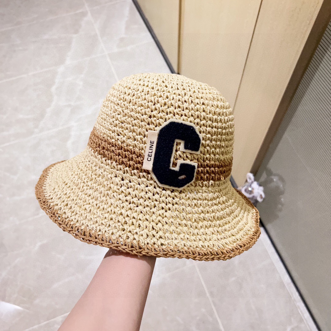 💛配防尘袋【CELINE赛琳】2025新款草编拼色折叠款渔夫帽草帽，度假款超好搭配，赶紧入手！