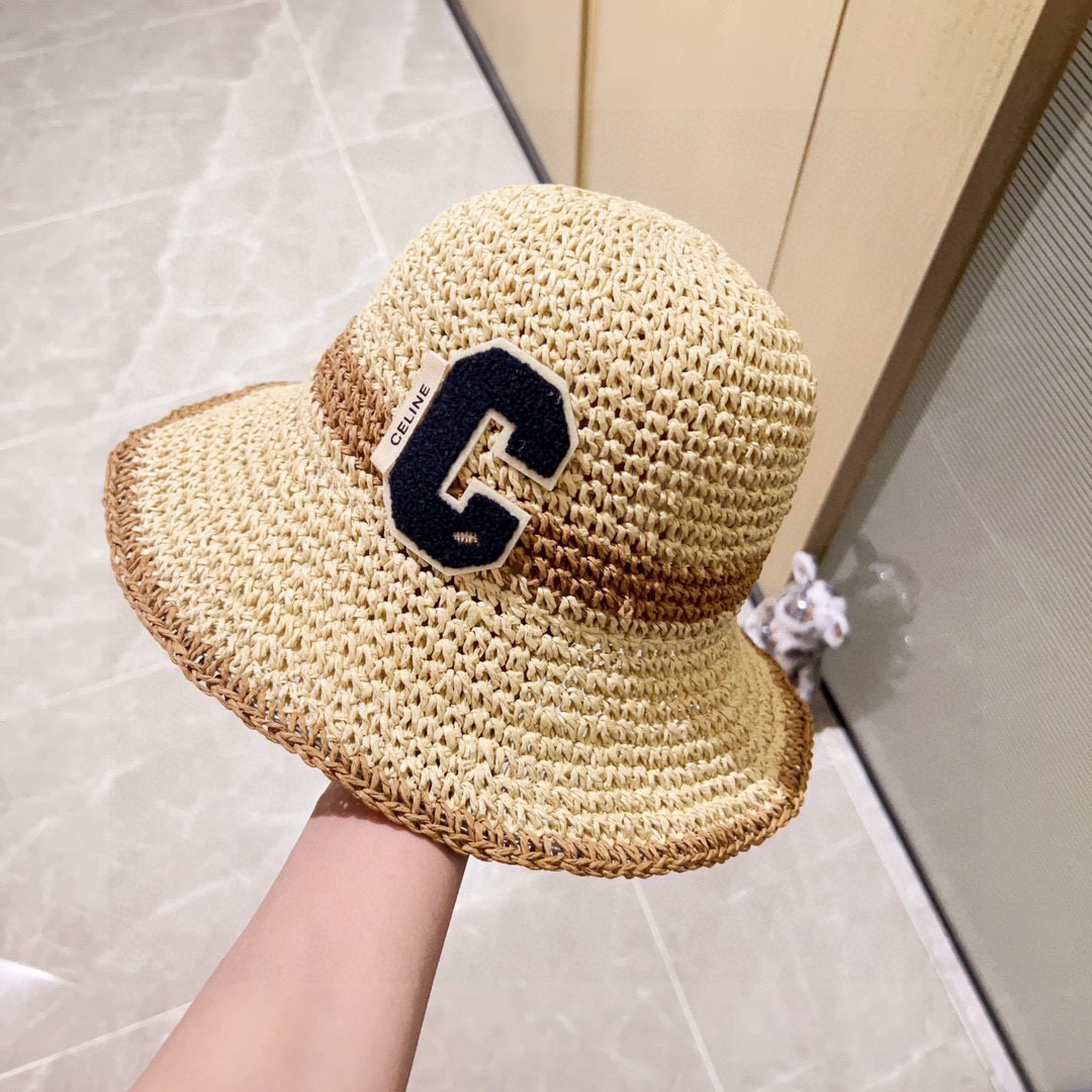 💛配防尘袋【CELINE赛琳】2025新款草编拼色折叠款渔夫帽草帽，度假款超好搭配，赶紧入手！