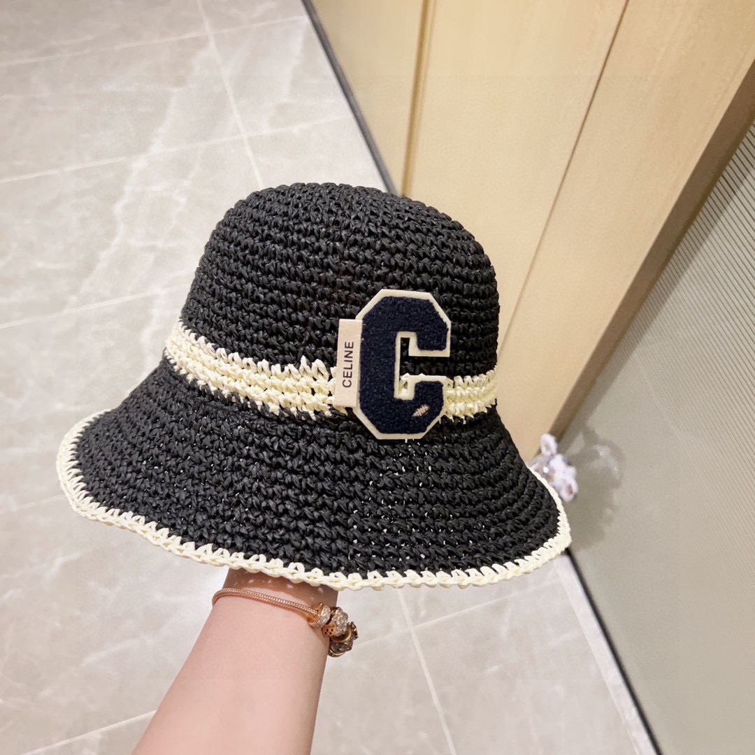 💛配防尘袋【CELINE赛琳】2025新款草编拼色折叠款渔夫帽草帽，度假款超好搭配，赶紧入手！