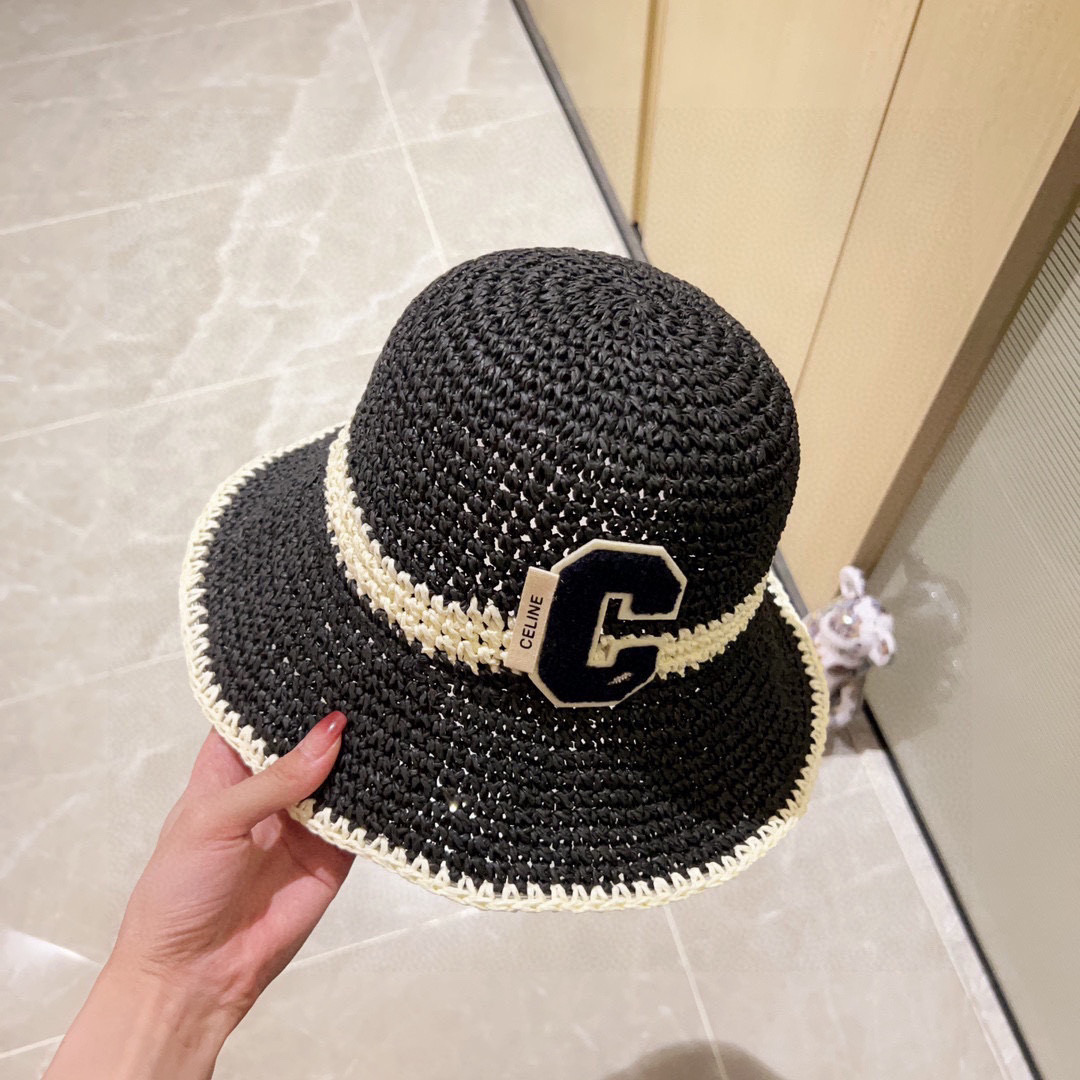 💛配防尘袋【CELINE赛琳】2025新款草编拼色折叠款渔夫帽草帽，度假款超好搭配，赶紧入手！